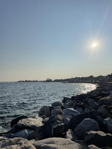 Ocean landscape with prominent rocks in the foreground, bordered by a row of houses curving towards the horizon.