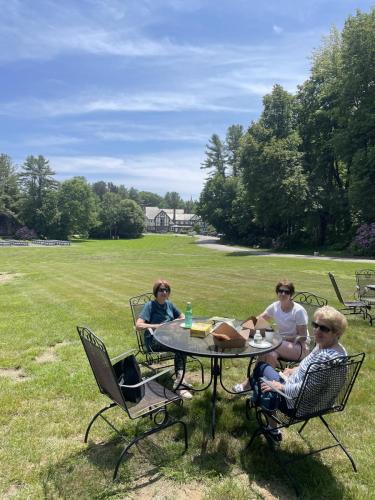 A green lawn with three guests sitting at a table enjoying their lunch.